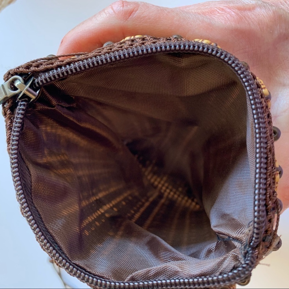 Handmade Wood Beaded Bag Floral Top Zip Mini Crossbody - Picture 10 of 15